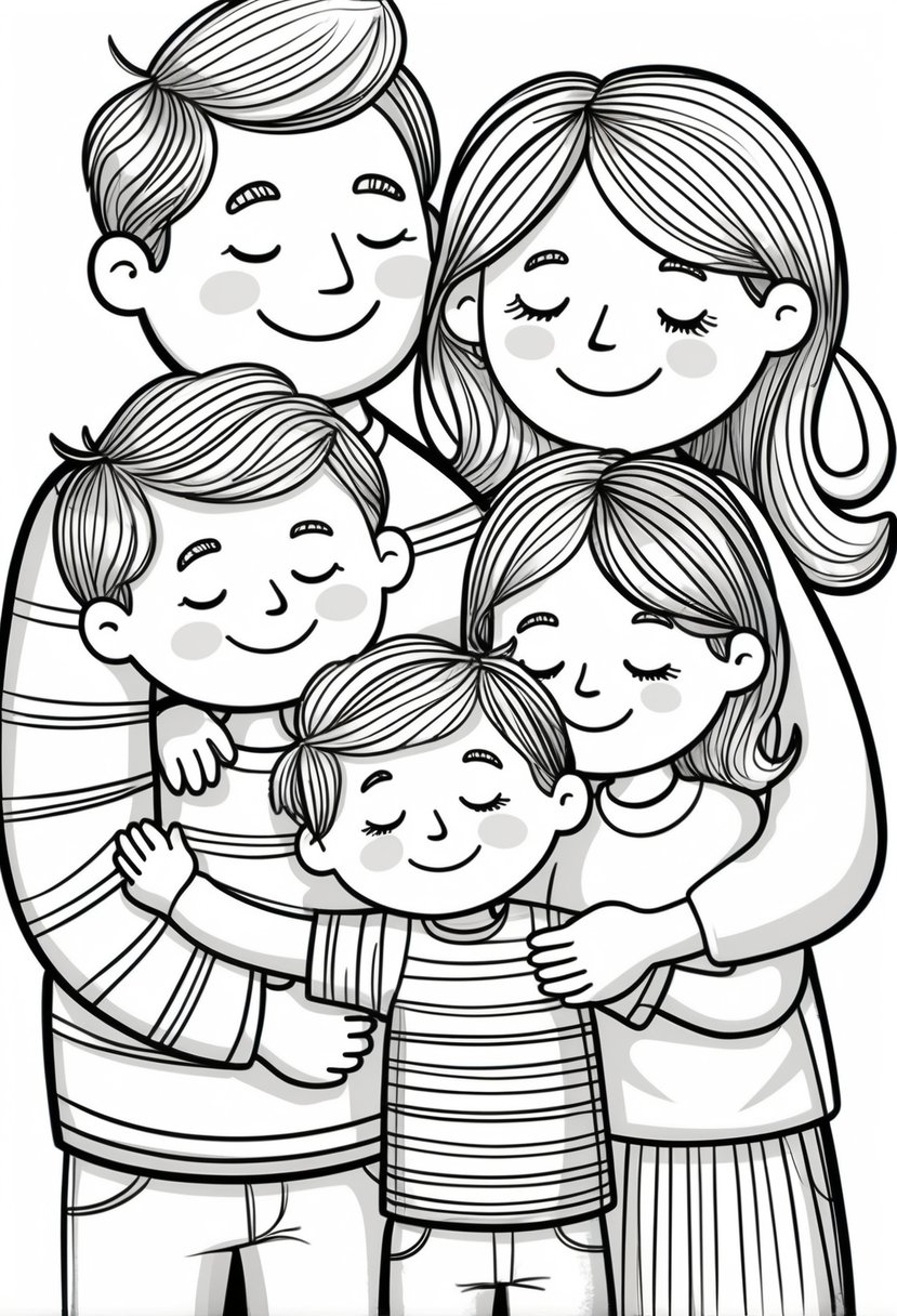 Family Coloring Pages 16 Fun and Creative Designs for All Ages 33 A family of four hugging each other closely with happy expressions.